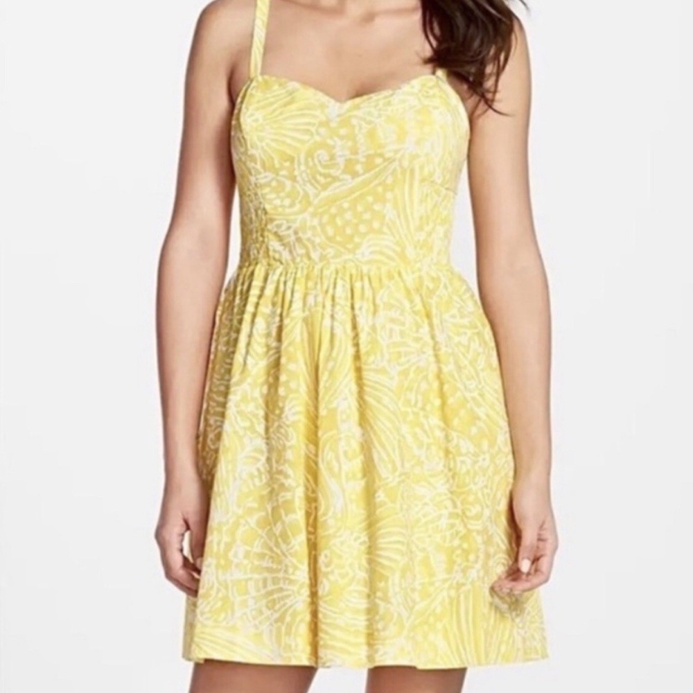 Lilly Pulitzer Christine Fit N Flare Dress in Sunglow Yellow Sea Cups Pigment 4